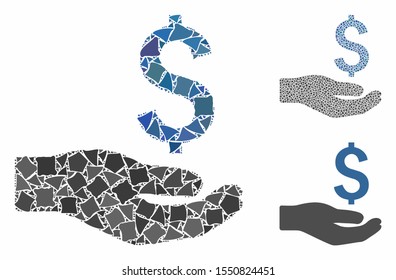Financial donation composition of bumpy items in various sizes and color tints, based on financial donation icon. Vector bumpy pieces are composed into illustration.
