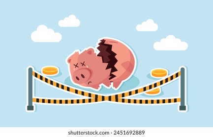 Financial downfall due to overspending, investment losses, or market crash leading to bankruptcy, concept of Broken piggy bank with stolen money, marked with yellow crime scene tape