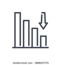 Financial downturn and Decrease line icon. Chart with stack of coins and arrow down vector outline sign.