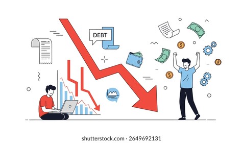 Financial downturn economic crisis market crash investment loss business decline and individual financial struggles leading to debt and uncertainty with hopeful recovery amidst falling charts
