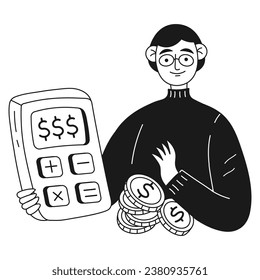 Dibujo financiero de un hombre con una calculadora que cuenta dinero