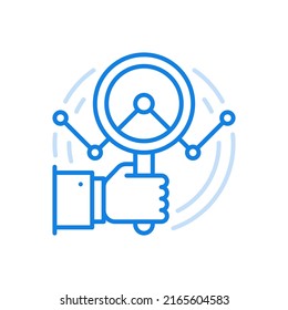 Financial dynamics analytics vector line icon. Hand holds magnifying glass looking through graph. Money market chart and investment fluctuations. Fall and rise stocks and index economy banking.