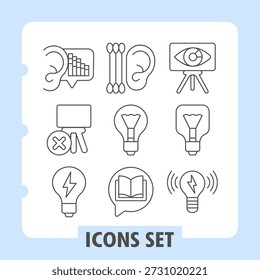 Financial ear, easel, light bulb simple icons set depicting technology, security, vision, ideas and energy items in outline style for apps and print on white background. Set of nine thin line icons