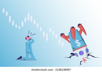 The financial and economic crisis. The businessman is desperate because the numbers on the chart are falling. The rocket is broken.