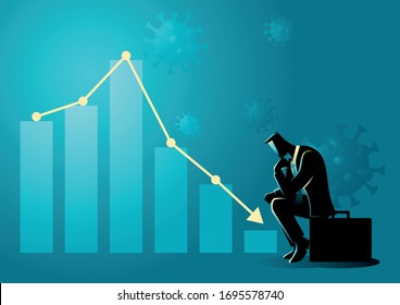 Financial and economic crisis due covid-19 pandemic symbolize by decreasing graphic chart and listless businessman