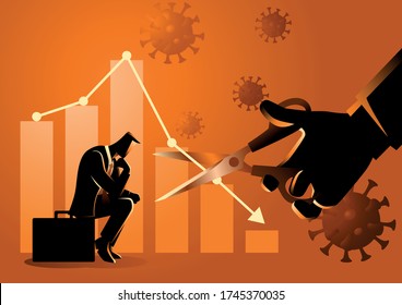 Financial and economic crisis due covid-19 pandemic forced to do a cut losses strategy, symbolize by decreasing graphic chart and listless businessman