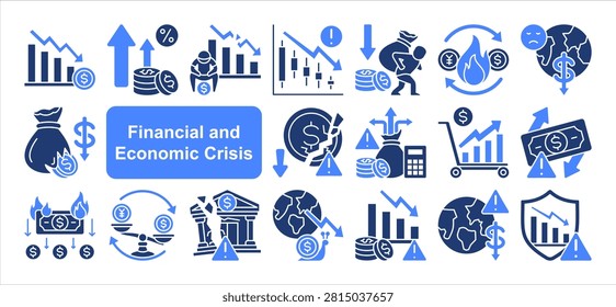 Financial and Economic Crisis icon set, with Debt Crisis, Budget Deficit, Trade.