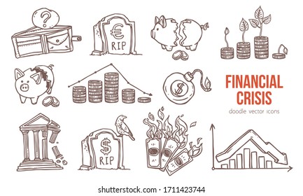 Financial and economic crisis icons. Bankruptcy, drop in income, devastation of bank and inflation doodle. Empty wallet, broken piggy bank, gravestone for dollar and euro, burning money vector signs