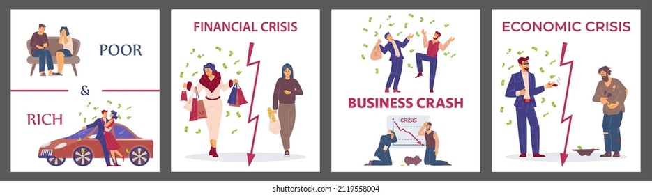 Financial Economic Crisis, Social Imbalance Between Rich, Poor. Cartoon Millionaires Leading Luxurious Life, Beggars Who Have Lost Their Savings. Posters In Flat Vector Illustration Isolated On White