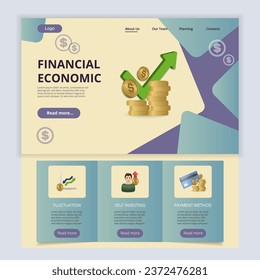 Financial economic flat landing page website template. Fluctuation, self investing, payment method. Web banner with header, content and footer. Vector illustration.