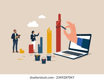 Financial and economic growth. Business people holding paint roller and painting a graph of growth in indicators with paint.  Vector illustration in flat style.
