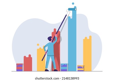 Financial and economic growth. The businessman draws a graph of growth in indicators with paint.