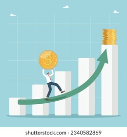 Financial and economic growth and enrichment, an increase in the value of a business and an investment portfolio, an increase in income and wages, man carries a coin along the arrow of a growing graph