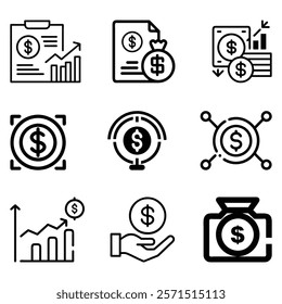 Financial and economic growth icon set. A collection of black-and-white icons depicting financial growth, investment, global economy, and money transactions in a modern style.