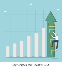 Financial and economic growth, growth in sales and profits due to increased consumer demand, the rapid pace development of business and production, a man climbs the ladder to the top of the graph.