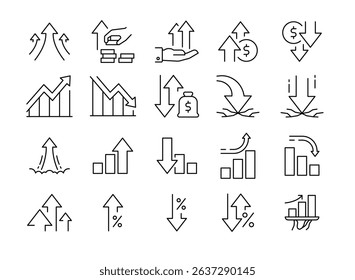 Financial and Economic Icon Set Showing Increase Decrease Arrow Stock Market Growth Trend Profit Value Money Revenue Price Drop Interest Rate Flow Trade Diagram Launch