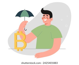 Financial or economic improvement during cryptocurrency market crash, stabilizing value of digital currency, risky game in stock exchange, countering inflation, man with umbrella protects bitcoin.