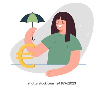 Financial and economic improvement during stock market crash, stabilization of foreign currency, financial instruments to increase income, fight against inflation, woman holding umbrella over euro.