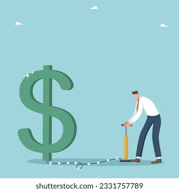 Financial and economic improvement, increase in the value of foreign exchange, growth in income and wages, increase in profits from investment and innovation, man inflates the dollar sign with a pump.