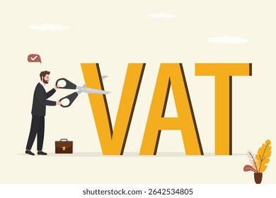 Regulamentação financeira e econômica. Política de dinheiro do governo para reduzir o IVA ou reduzir a taxa de imposto para ajudar a recuperação econômica, governo, FED e banco central usando tesoura para reduzir ou baixar a taxa de IVA. 