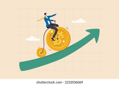 Financial or economy concept, currency exchange or mutual fund with US and EU economics, investing growth or foreign exchange, businessman riding bicycle with dollar and euro wheels up rising graph.