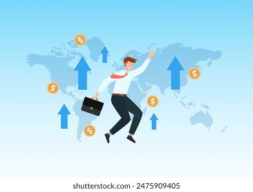 Financial or economy exponential growth concept, World market stock finance, Earn more income, Increase wealth or financial, Happy businessman jumps because of increased profit from investment.