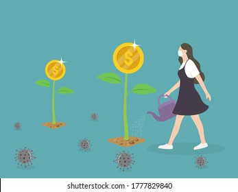 financial economy recovery after coronavirus pandemic concept. Economic restoration after COVID-19 outbreak crisis, business recover. woman watering dollar tree virus cells around