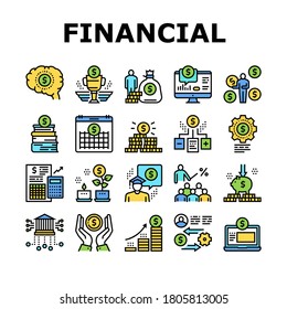 Financial Education Collection Icons Set Vector. Financial Books And Investment, Working Money And Coin Exchange, Finance Calendar And Growth Color Contour Illustrations