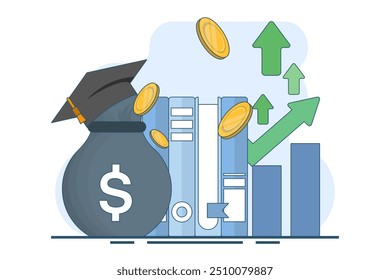 Financial education concept. Investing money in education, self-development and knowledge. Personal finance management and financial literacy concept. Flat vector illustration on background.