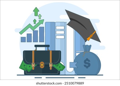 Financial education concept. Investing money in education, self-development and knowledge. Personal finance management and financial literacy concept. Flat vector illustration on background.