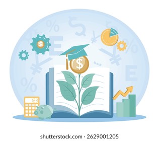 Financial Education concept. Financial education, investments, and savings symbolized by coins, plants, and charts.