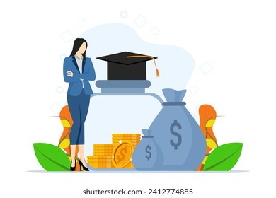 financial education concept. Student character invests his money in education and knowledge. Personal finance management and financial literacy concept. Flat vector illustration on white background.