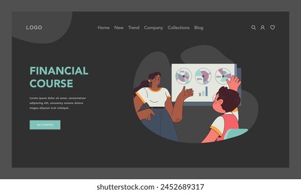 Financial Education concept. A teacher guides a young student through a financial course, analyzing pie charts and graphs to build fundamental economic skills. Flat vector illustration
