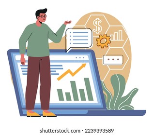 Financial education concept. Young man studying and presenting project. Accounting, financial literacy and investing. Remote learning or online course. Cartoon flat vector illustration in simple style