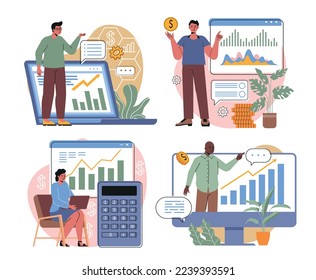 Konzept der Finanzerziehung. Junge Männer und Frauen analysieren Statistiken und verwalten ihre Finanzen. Online-Kurse oder Webinare zur Finanzkompetenz. Cartoon-Flachvektor-Set einzeln auf weißem Hintergrund