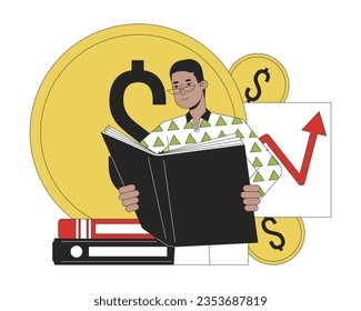 Financial education flat line concept vector spot illustration. Man reading bookkeeping book. Finance literacy 2D cartoon outline object on white for web UI design. Editable isolated color hero image