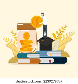 financial education illustration concept. Personal financial management and financial literacy concept. Student character investing money in education and knowledge. Vector illustration.