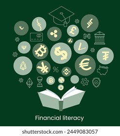 Financial education illustration. Financial literacy lessons online. Personal expenses, business payments, insurance, retirement savings. Investing money in education.