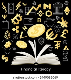 Financial education illustration. Financial literacy lessons online. Personal expenses, business payments, insurance, retirement savings. Investing money in education.