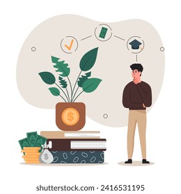Financial education illustration. Сharacter ponders the financial scheme of development with the help of new knowledge. Personal finance management and the concept of financial literacy. Vector