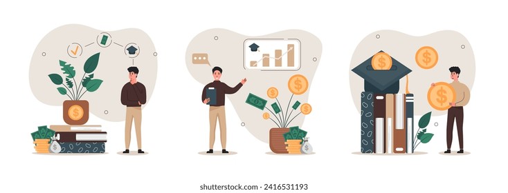  Financial education illustration set. Character invests money in education and knowledge, studies financial literacy. Personal finance management and the concept of financial literacy. Vector