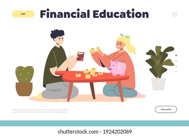 Financial Education For Kids Concept Of Landing Page With Two Children Counting Money And Planning Budget. Teach Your Child To Save Money. Cartoon Flat Vector Illustration