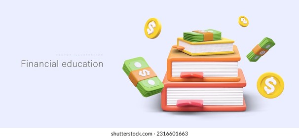 Financial education. Learn how to manage money, pay taxes, and save. Basic courses and advanced programs for accountants. Template with 3D books, banknotes, coins