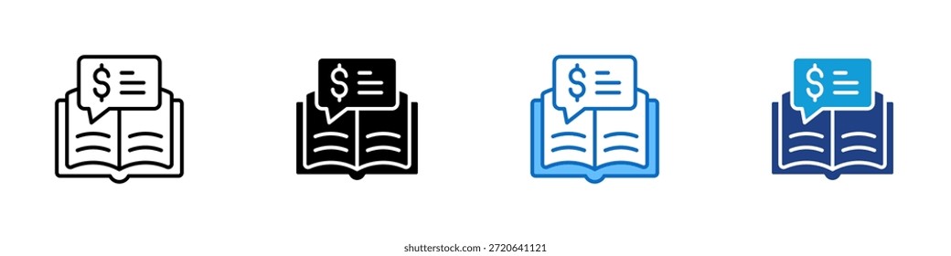 Financial Education Multiple Style Icon Design Vector - offenes Buch mit einer Chat-Blase und Dollar-Symbol, das Lernen über Geld und finanzielle Kompetenz