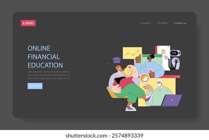 Financial Education Online Platform concept. Interactive e-learning with experts teaching investment strategies. Digital learning environment. Vector illustration.