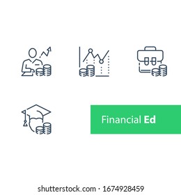 Financial Education, Stock Market Analysis And Investment Course, Portfolio Strategy Adviser, Trust Management, Vector Line Icon Set