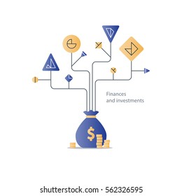 Financial Education System, Stock Market Index Fund Investment Strategy, Business Solution Concept, Budget Fund Plan, Income Diversification, Start Up Money, Expenses Account, Vector Illustration