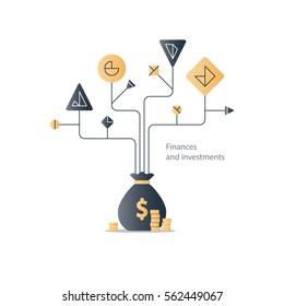 Financial education system, stock market index fund investment strategy, business solution concept, budget fund plan, income diversification, start up money, expenses account, vector illustration