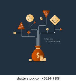 Financial Education System, Stock Market Index Fund Investment Strategy, Business Solution Concept, Budget Fund Plan, Income Diversification, Start Up Money, Expenses Account, Vector Illustration