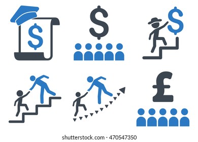 Financial Education vector icons. Icon style is bicolor smooth blue flat symbols with rounded angles on a white background.